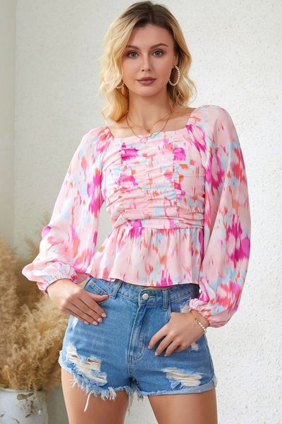 

fast shipping watercolor abstract print pleated long sleeve blouse for women, White