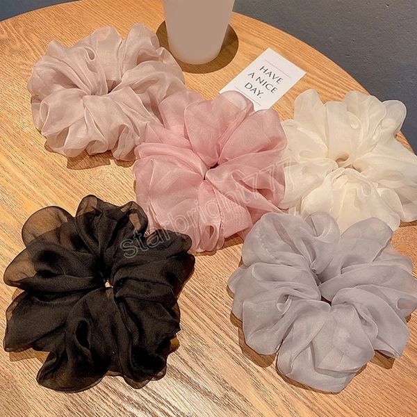 

women sweet fairy organza chiffon oversized hair scrunchies solid color elastic hair bands hair ties mesh thin hair accessories, Slivery;white