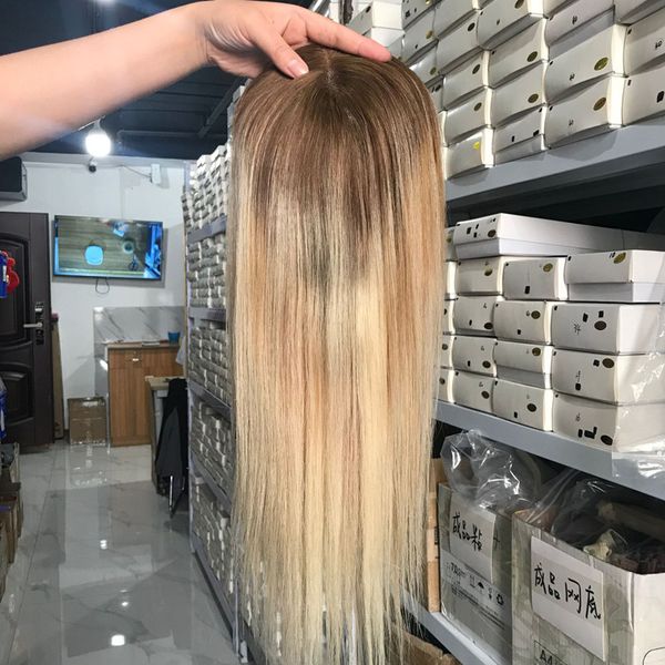 

stock ombre human hair ers chinese remy human hair pieces blonde mixed womens toupees dark root lace base for hair lossing thinning 130% den, Black;brown