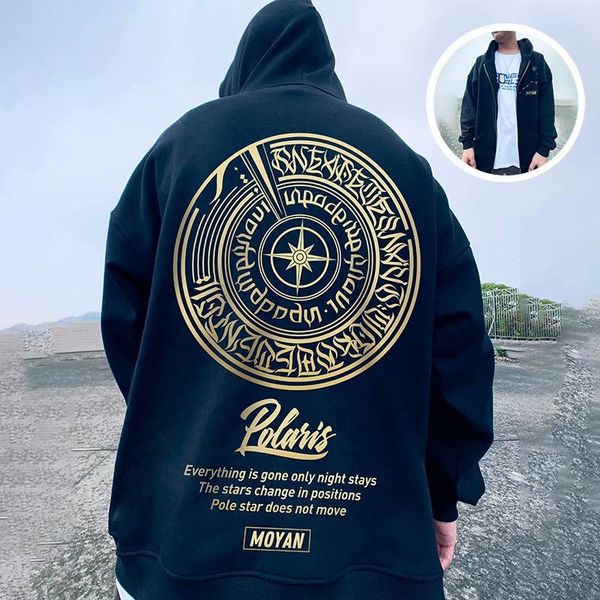

polaris graphic print zip up hoodies men's casual aesthetic sweatshirts hip hop streetwear hoodie harajuku y2k clothes, Black
