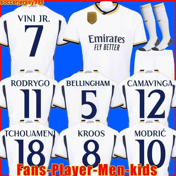 

23 24 soccer jerseys bellingham player version vini jr real madrids camavinga tchouameni modric rodrygo football shirt camiseta men kids 202, White;black