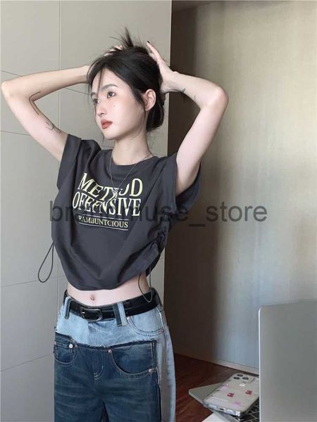 

women's t-shirt hikigawa sweet y2k vintage short sleeve letter print drawstring design high waist t-shirts streetwear slim crop ropa, White