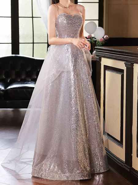 

shining silver prom dress long evening gowns sequins with pearls tulle sweep train party dresses, Black