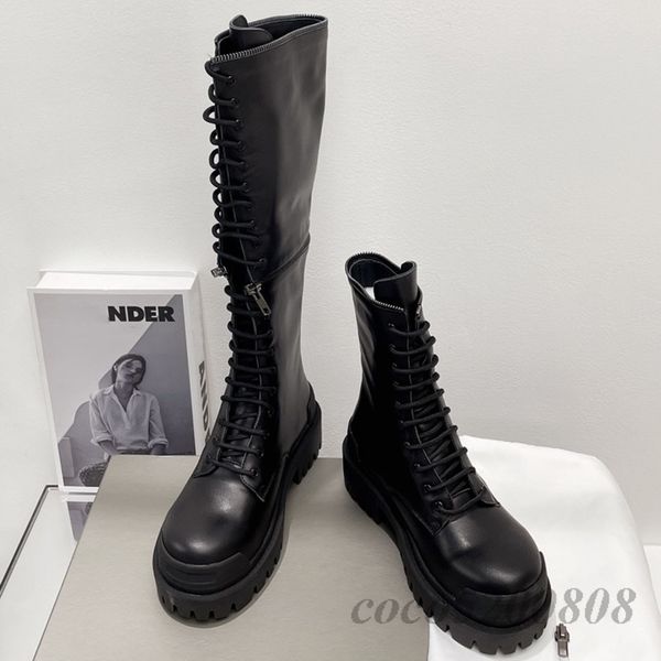 

autumn winter women knee high boots fashion genuine leather round toe lace up long bootslow heels solid color shoes for women, Black;white