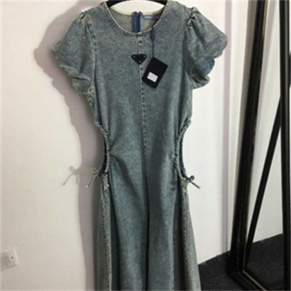 

summer dresses for women waist drawstring exposed waists invisible zipper round neck slim skinny short bubble sleeved denim dress fashion cl, Black;gray