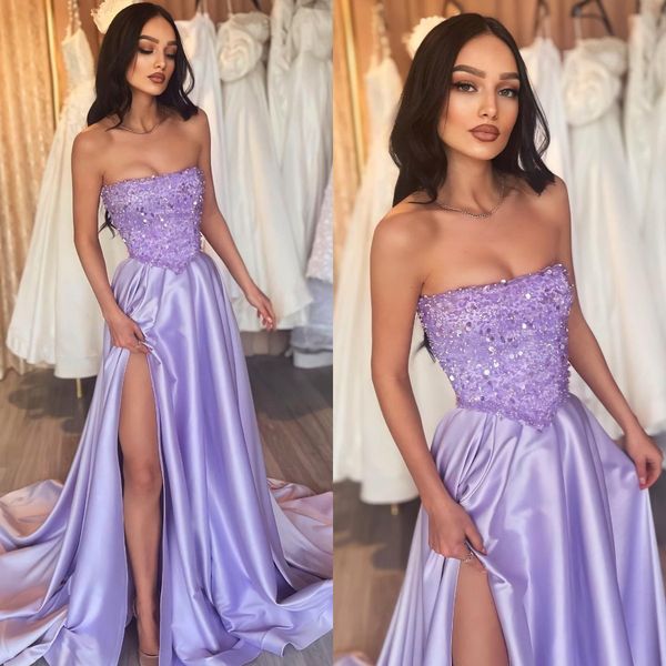 

elegant lavender prom dresses sequins strapless party evening gowns split formal long special occasion dress, Black