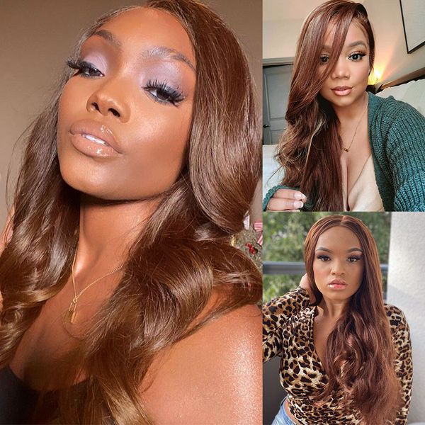 

new product body wave lace front wig reddish brown lace frontal hair wigs for women human hair lace frontal wigs, Black;brown