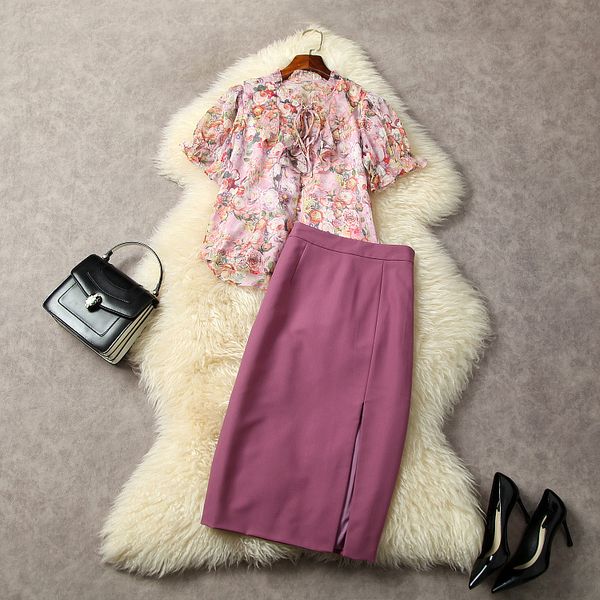 

european and american women's clothes 2023 summer new printed shirt with short sleeves split skirt purple fashion suit, White