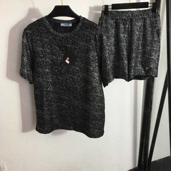 

23ss women shorts sets womens designer clothing casual suit letter triangle label sparkly ice silk short sleeve t-shirt elastic-waist shorts, White