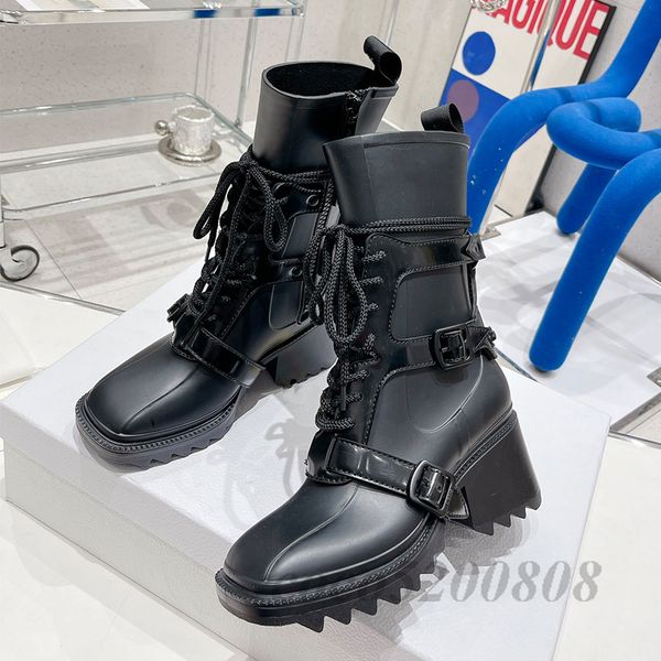

women ankle boots fashion pvc waterproof woman chelsea boot runway belts decor outfit chunky high heels short booties shoes 2023, Black;white
