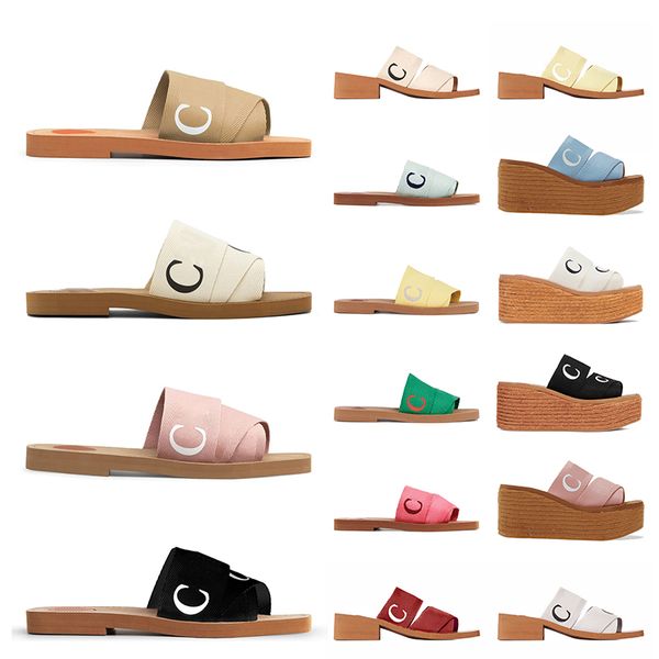 

fashion summer flat mule woody sandals famous women designer slides embroidered linen high heel loafers shoes sliders espadrille wedge coach, Black