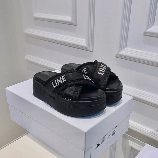 

mesh jacquard fabric flat slides slippers leather sole platform sandals triomphe stamped open toe luxury designer women's summer casual, Black