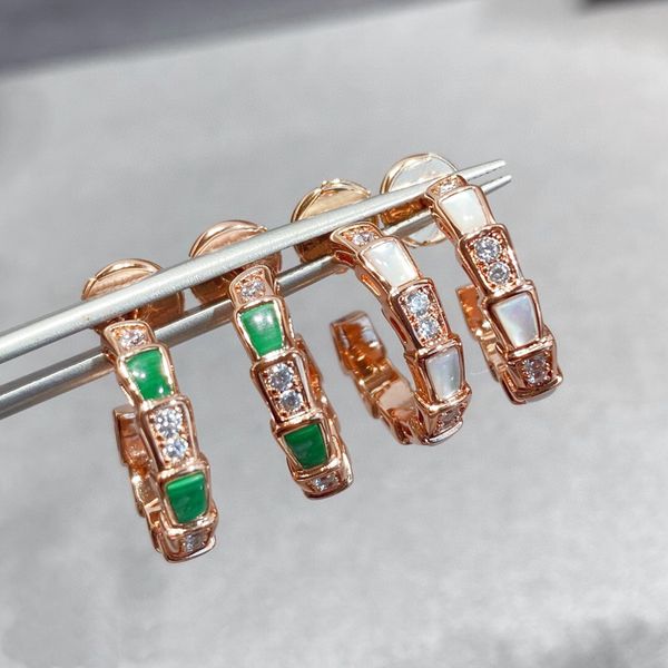 

designer collection style stud earrings 925 sterling silver inlay diamond mother of pearl malachite plated rose gold snake serpent snakelike, Golden;silver