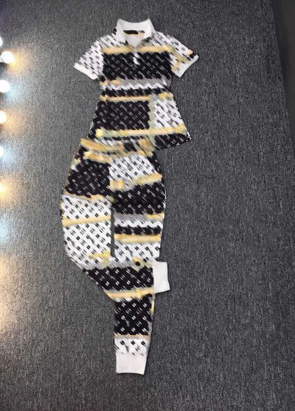 

two piece set clothes women designer tracksuits classic pattern print fashion lapel short-sleeved t shirt elastic waist slim pants designers, White