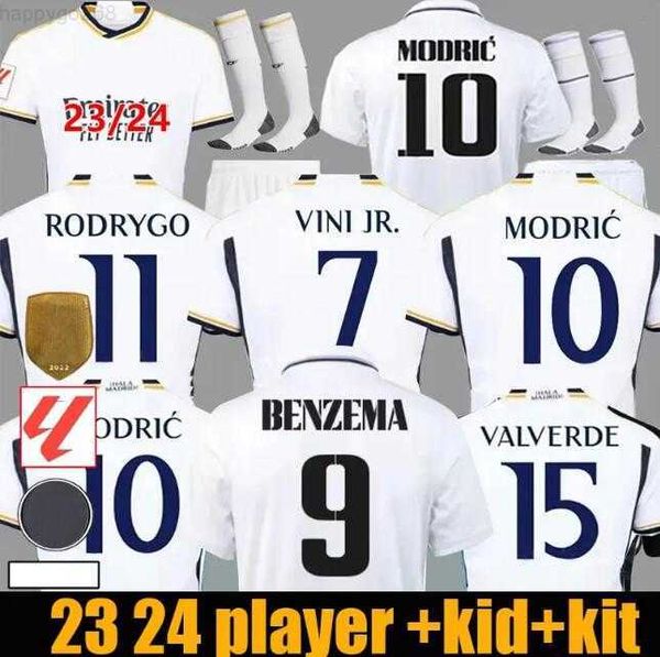 

23 24 real madrids soccer jerseys fans version 2023 2024 kit modric camiseta vini jr camavinga tchouameni madrides football shirt kids sets, White;black