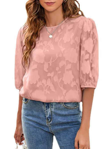 

womens middle puff sleeve chiffon loose floral blouse, White