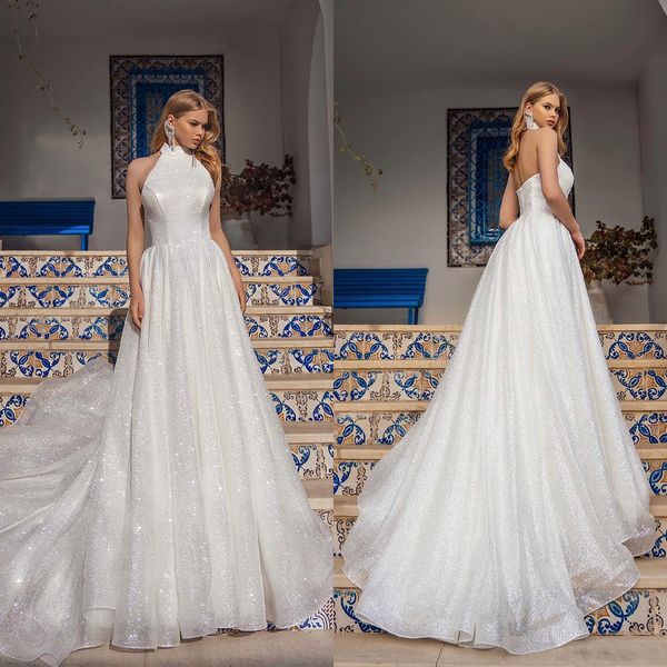 

glamorous a-line wedding dresses halter solid color shining clothes backless zipper court gown custom made zipper plus size bridal dress ves, White