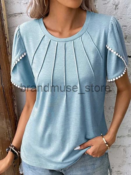 

women's t-shirt women's fashion lace short sleeve t-shirt summer solid color round neck oversized casual shirts female j230619, White