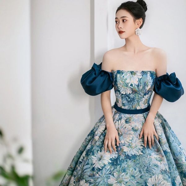 

blue green princess prom dress strapless pattern detachable sleeve a-line pleat belt host party formal exquisite celebrity gowns, Black;red