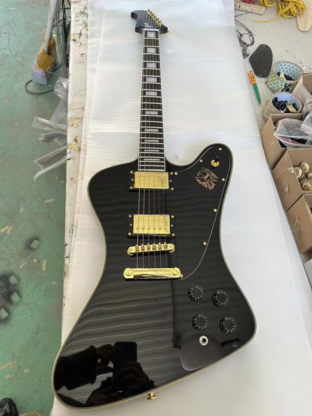

custom 6 string firebird electric guitar black solid mahogany body gold hardware
