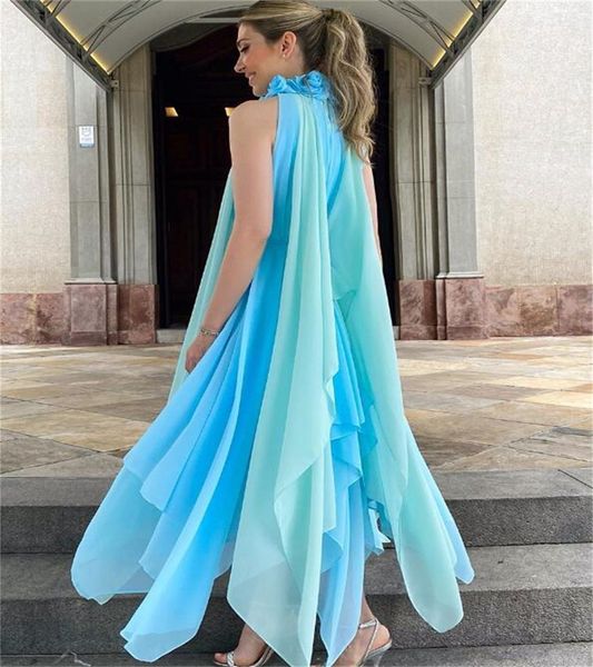 

contrast blue maxi evening dress 2023 elegant high neck chiffon flower collar boho prom dresses chic beach arabic modest formal vestidos de, Black;red