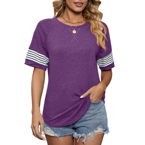 

women short sleeve solid round neck stripe t shirt for summer, White