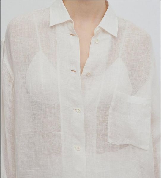 

the *row spring/summer new linen loose tone loose versatile simple commuter long sleeve lightweight shirt for women, White