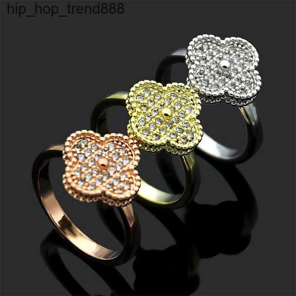

luxury full diamond crystal ring for women stainless steel classic clover jewelry designer ring, Silver