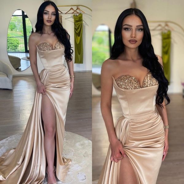 

elegant champagne prom dresses sequins sweetheart party evening gowns split formal long special occasion dress, Black