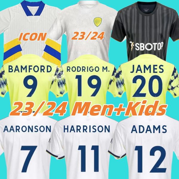 

23 24 bamford raphinha leeds soccer jerseys adams aaronson harrison home away icon 2023 llorente luis sinisterra maillot unitede men kids fo, Black;yellow