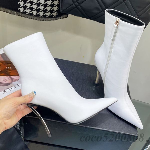 

women ankle boots fashion genuine leather mental heels pointed toe high heels pumps boots runway outfit party dress booties 2023, Black;white