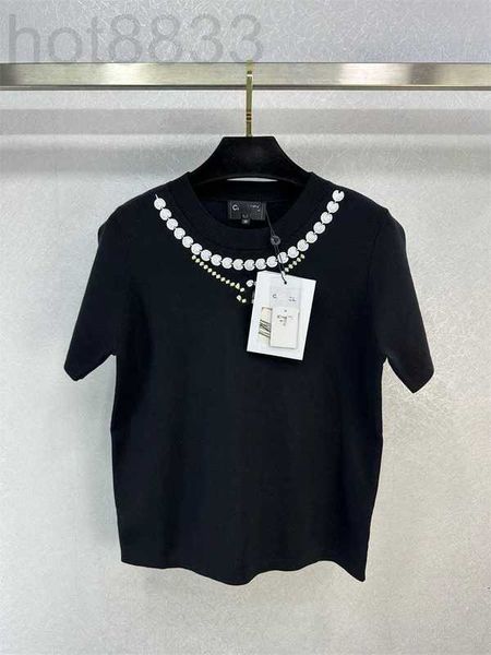 

women's t-shirt designer 2023 summer new minimalist embroidery design fashion versatile round neck knitted short sleeve for women mnnu, White