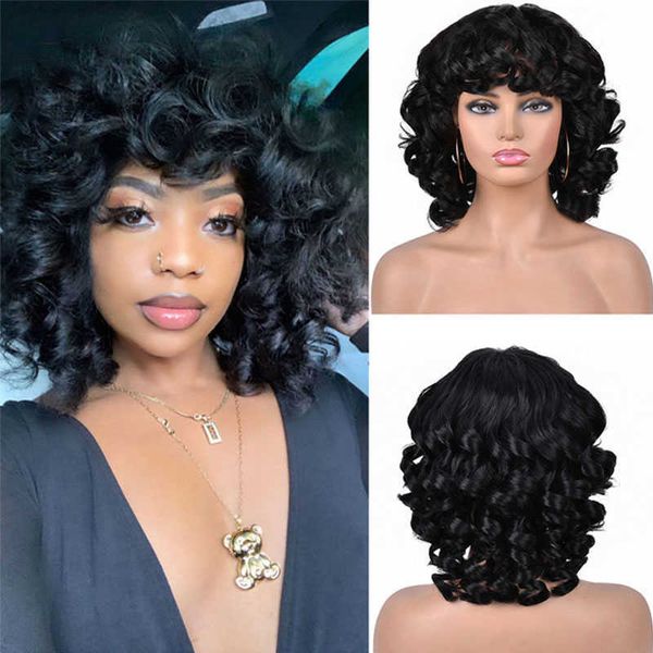 

nxy hair wigs fluffy synthetic african ombre glueless cosplay natural brown short afro kinky curly with bangs for black women 230619