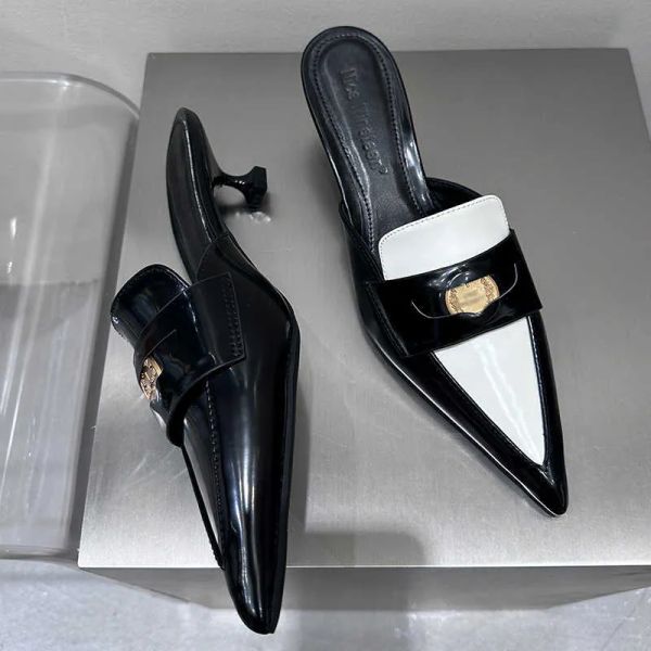 

summer sandals ladies medium high heels shoes slides fashion metal female shallow footwear pointed toe pumps mules women, Black