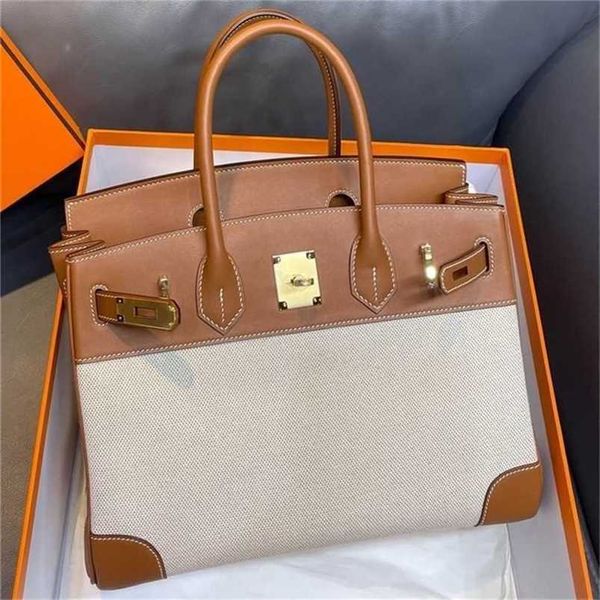 

birkins 5a totes h brand s handbag leather bags casual and versatile contrast canvas with first layer cow leather bag 25cm shoulder 0ylpqq q