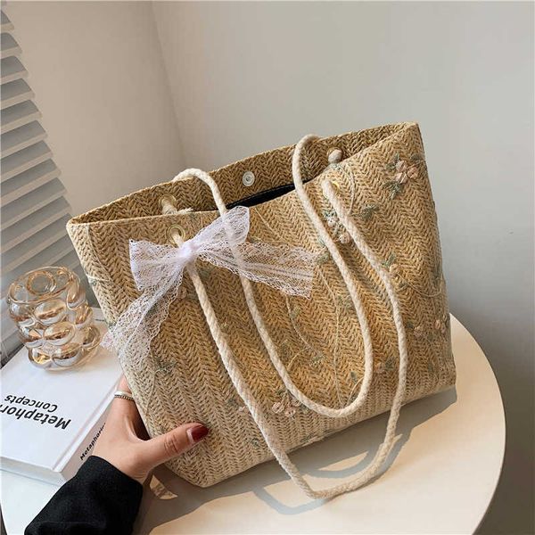 

simple straw woven foreign style one shoulder tote bag bow knot small fresh woven handbag new popular women's bag