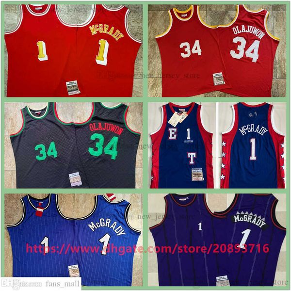 

mitchell and ness authentic stitched basketball 34 hakeem olajuwon jerseys retro red 2004-05 tracy mcgrady jersey 2004 all-star breathable s, Black;red