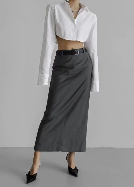

2023 summer new t * r0w half skirt slim fit professional wrap hip back split mid length skirt wool skirt for women, Black;gray