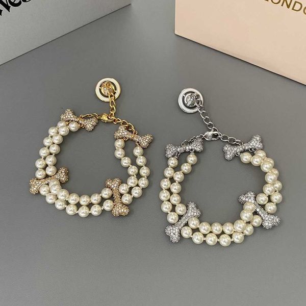 

double layer pearl inlaid with sparkling diamond bone medieval temperament saturn western empress dowager bracelet, Golden;silver