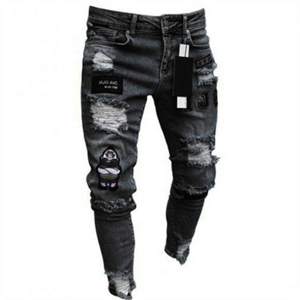 

men's jeans men's designer men's pants fashion slim fit denim pants embroidered perforated hip hop pants, Blue