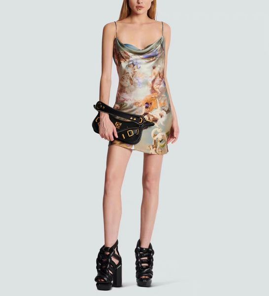

european fashion brand oil painting series suspended mini dress, Black;gray