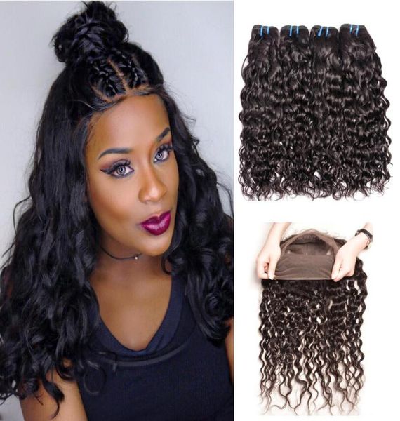 

8a water wave wet and wavy human hair bundles with 360 degree lace frontal brazilian water wave human hair extensions8278197, Black