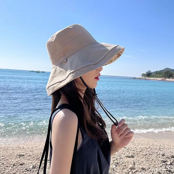 

fashion design double-sided printing female models fisherman's hat wide side sun hat cotton breathable outdoor big side hat, Blue;gray