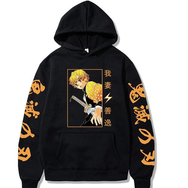 

anime demon slayer hoodies agatsuma zenitsu printed men's sweatshirt harajuku streetwear casual pullover, Black