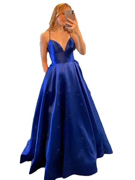 

2023 prom dresses a-line royal blue satin spaghetti straps long sleeveless v neck formal party evening gowns, Black