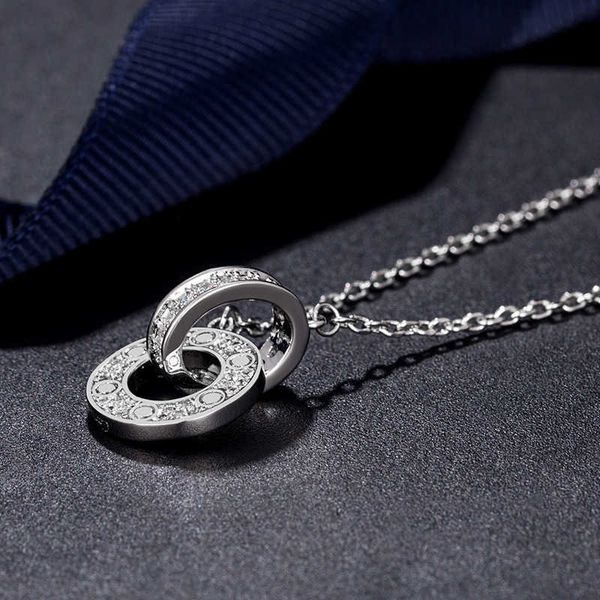 

internet celebrity carti double ring full diamond necklace 925 sterling silver plated 18k rose gold inlaid large pie buckle pendant clavicle, Black