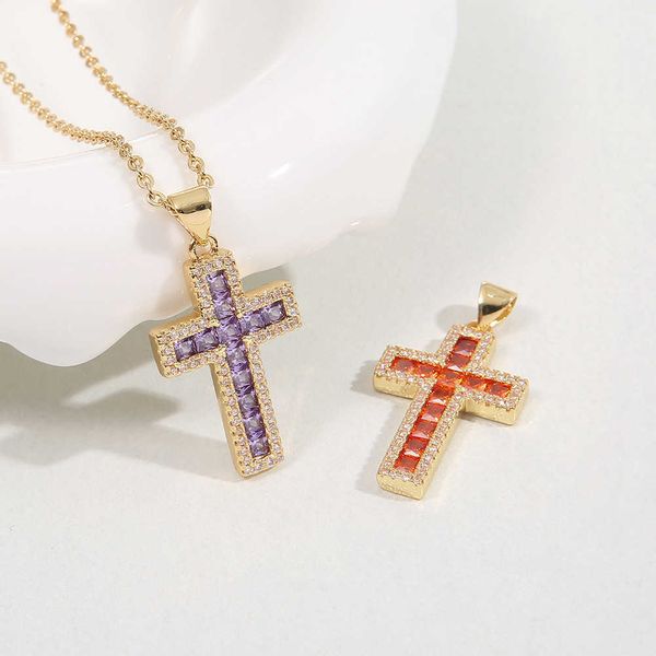 

luxury women religion jesus brass 18k real gold plated zircon diamond cross necklace jewelry colored moissanite cross pendant, Silver
