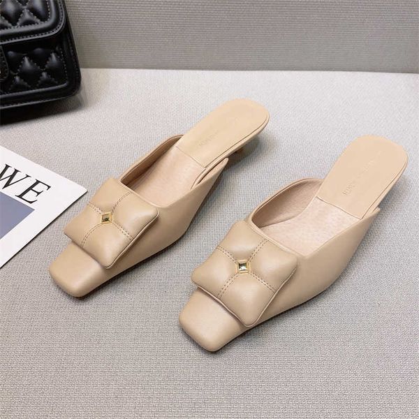 

slippers 2023 middle heel summer new kitten heeled shoes women elegant shiny sandals square toe mules outdoor slingback 230511, Black