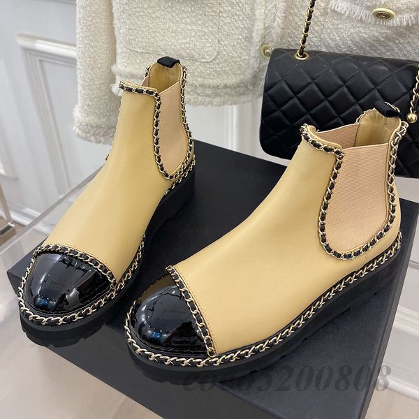 

fashion genuine leather mental chain women anke boots black round toe low heels chealsea boot runway outfit slip on female boots, Black;white