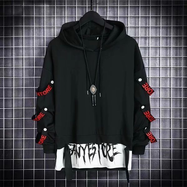 

autumn men's hoodie sweatshirt casual black hoodies techwear hip hop harajuku patchwork japanese streetwear men 3xl